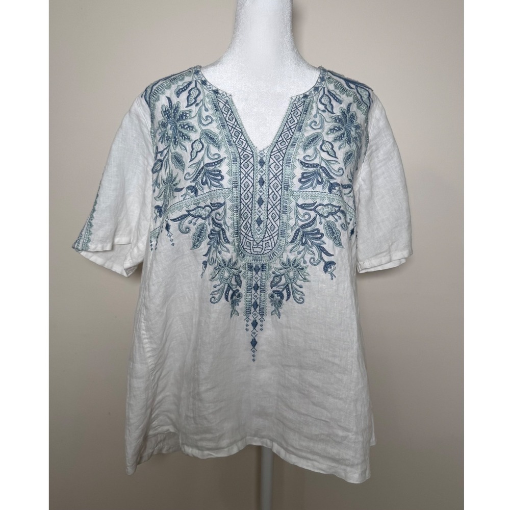 Johnny Was Embroidered Tunic Top White Blue Linen Blend Women's XS
